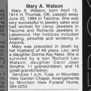 Mary A Watson obituary